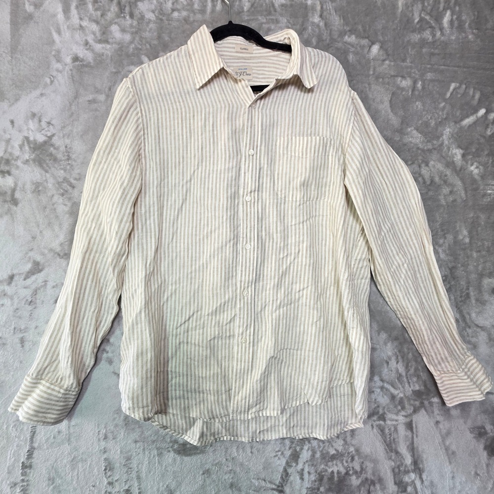 J.Crew Mens Baird McNutt Irish Linen Striped Shirt Classic Fit Beige White M